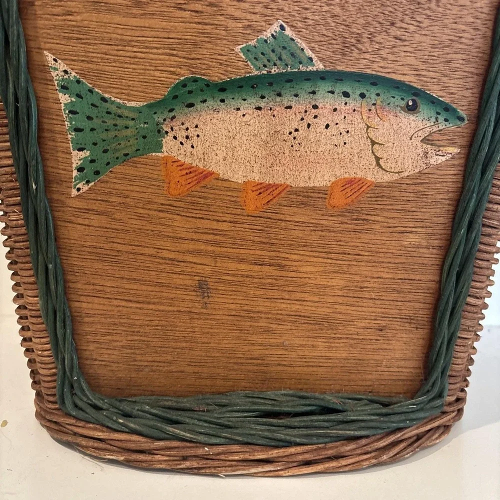 VTG Creel Wicker Waste Basket Hand Painted Trout Fish Wood Panel Cabin Lake 13